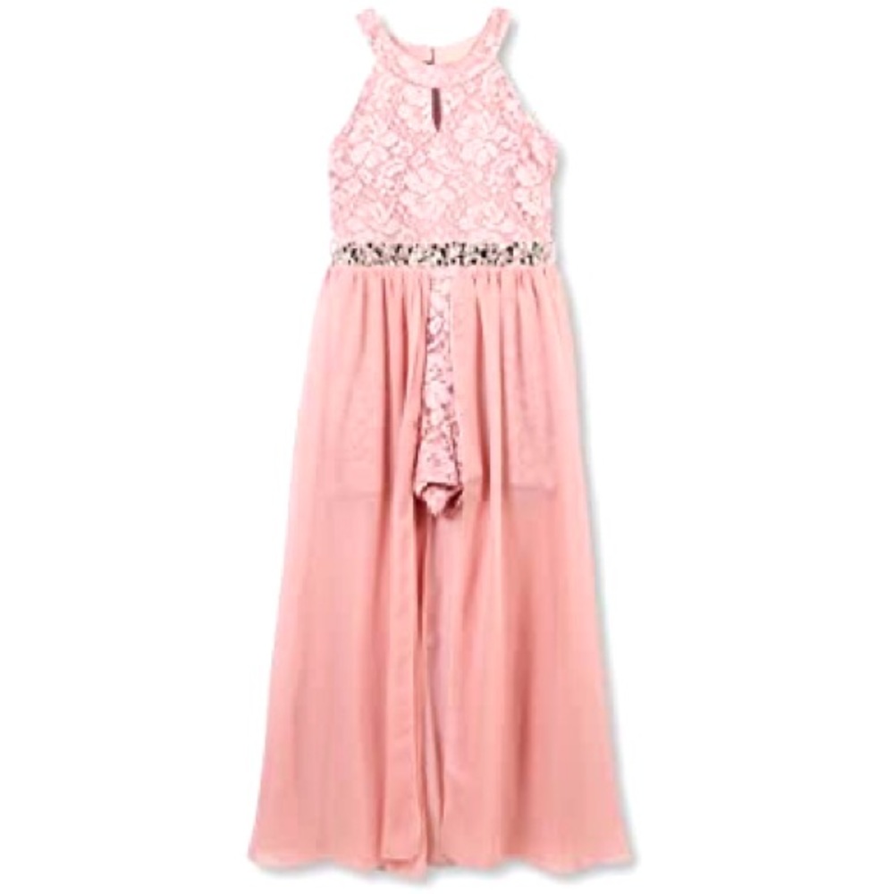 Pink Kids Sequins High Neck Romper Dress